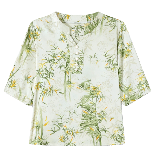 Mom's summer fashionable Chinese style half-sleeved T-shirt middle-aged and elderly women's temperament covered with belly chiffon shirt loose large size top