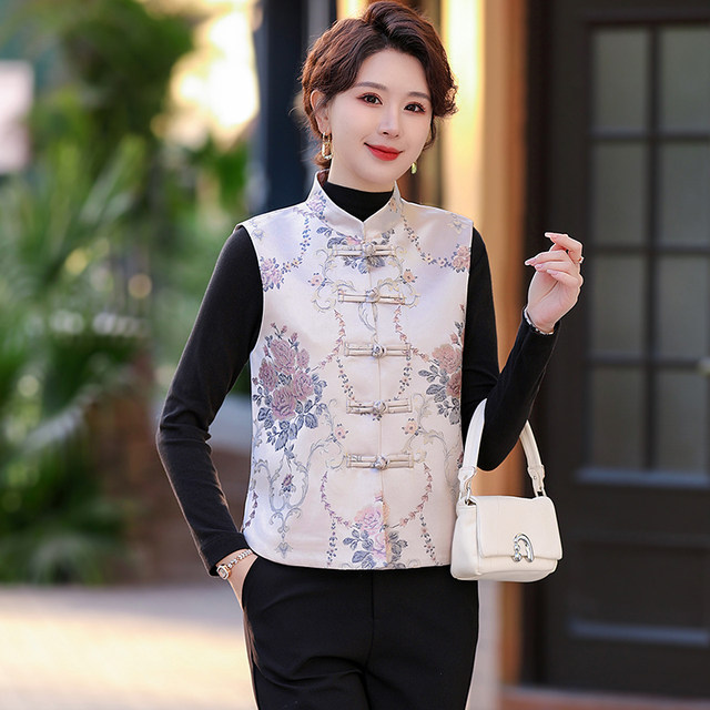 
Middle-aged mother's spring and autumn clothing, Chinese style retro vest short jacket, stand collar, women's jacquard, vest vest top