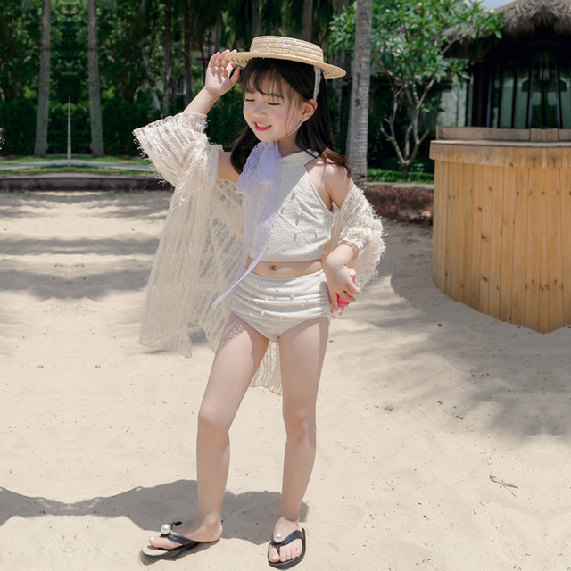 Hot spring parent-child swimsuit mother-daughter split bikini three-piece set long-sleeved sun protection cute children and girls swimwear