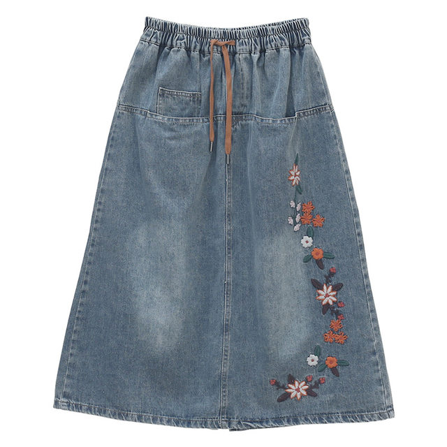 Retro embroidery A -line denim skirt slightly fat size loose, old skirt, spring and summer new versatile medium long skirt