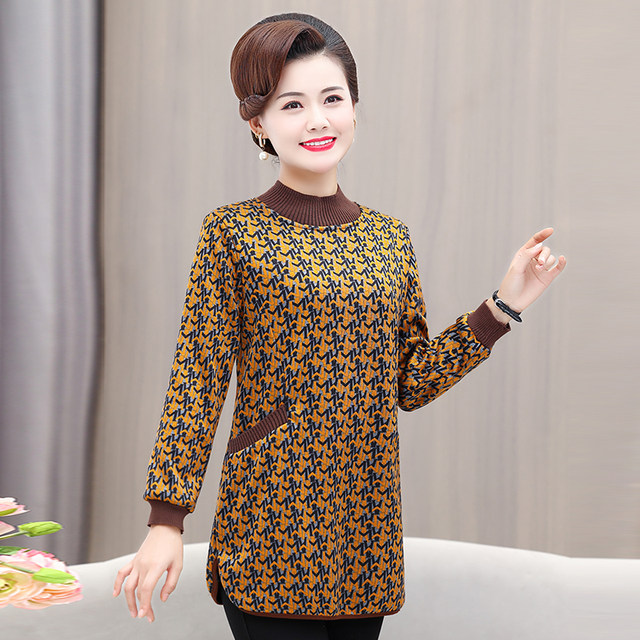 Mom plus fat plus size medium-length base shirt middle-aged plus velvet long sleeve middle-aged and elderly women's autumn and winter thick top