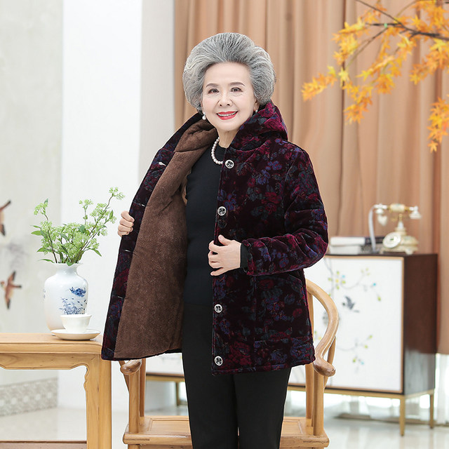 Winter clothing for middle-aged and elderly women, mothers, extra-large size cotton-padded coats, grandma's winter cotton-padded jackets, plus velvet and thickened cotton-padded clothes