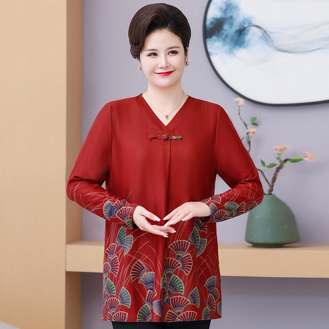 2025 new fashionable mother spring clothes plus fat base shirt long sleeve middle-aged and elderly people extra-large size spring and autumn top for women
