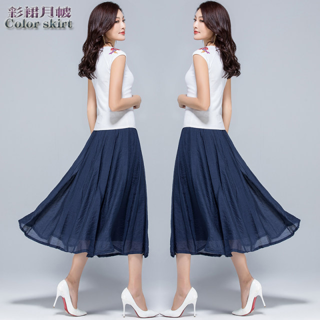 Summer new literary retro mid -long skirt thin cotton and linen skirt high waist thin waist thin umbrella skirt large size women's skirt
