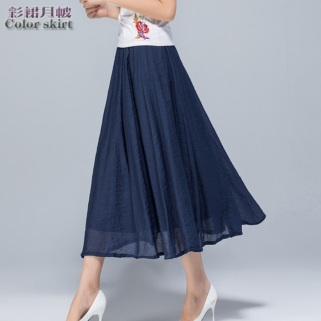 Summer new literary retro mid -long skirt thin cotton and linen skirt high waist thin waist thin umbrella skirt large size women's skirt
