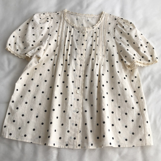 Gentle and chic small dot printed lace lace splicing short-sleeved age-reducing shirt doll shirt versatile student cotton t
