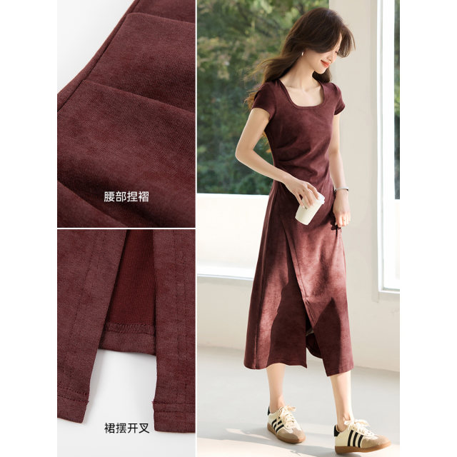 Mohan Yimei casual U-neck pleated side slit white T-shirt skirt 2025 summer new design dress for women