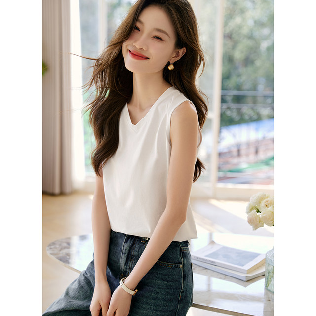 Mohan Yimei casual V-neck sleeveless slit basic vest T-shirt 2025 summer new versatile vest T-shirt for women