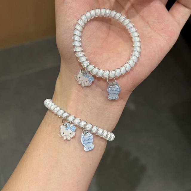 Cute cat eating fish high elasticity ponytail phone cord hair band female ins style niche simple couple bestie bracelet
