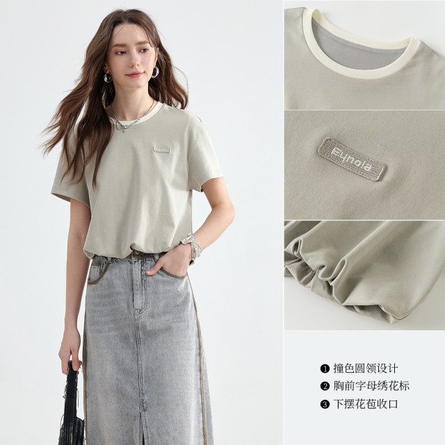 Gray green flower bud short-sleeved T-shirt base shirt KBNE2025 summer new versatile design round neck top for women