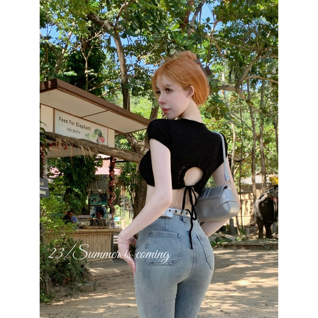 Dopamine outfit rainbow hollow back tie short sleeve T-shirt for women summer pure sweet hot girl sexy short top