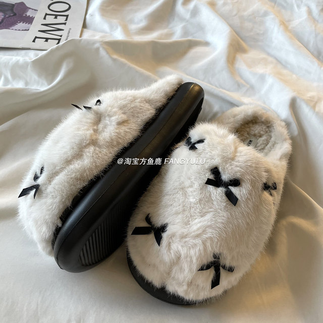 Fang Yulu ins style bow slippers for women 2025 autumn and winter new home warm anti-slip cotton shoes for outer wear