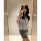 Ins Korean style, simple, slim and versatile, seven-quarter sleeves, V-neck straps, bows, short striped shirt top for women