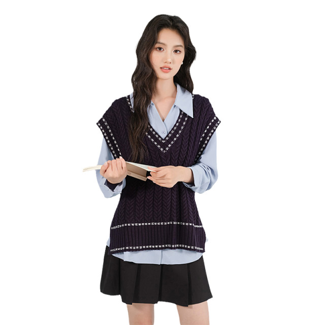 Blue Ruoshui large-size women's clothing layered with twisted knitted vest vest fat mm autumn new college style vest top