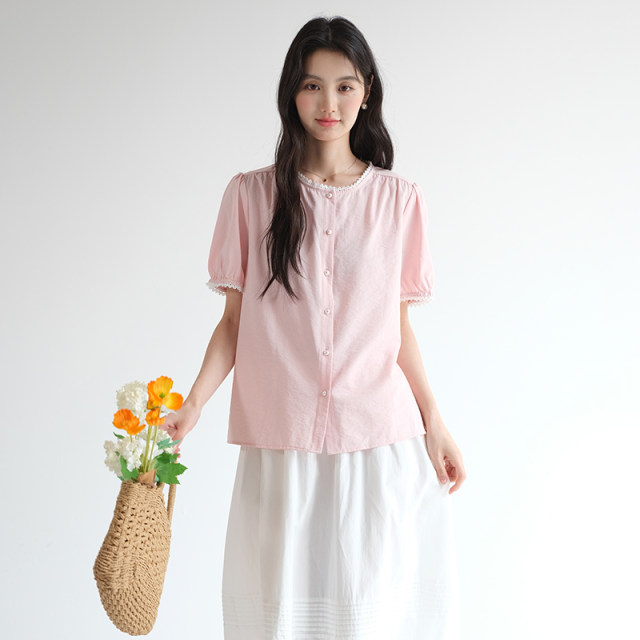Lan Ruoshui large-size women's sweet temperament lace round neck shirt 2025 summer new French short-sleeved top