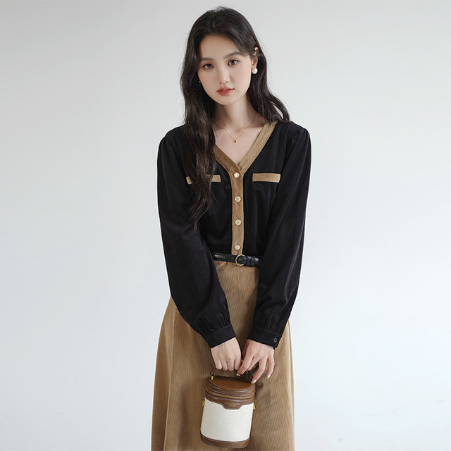 Lan Ruoshui plus size women's fat MM2025 autumn new style small fragrant V-neck fake two-piece corduroy a-line dress