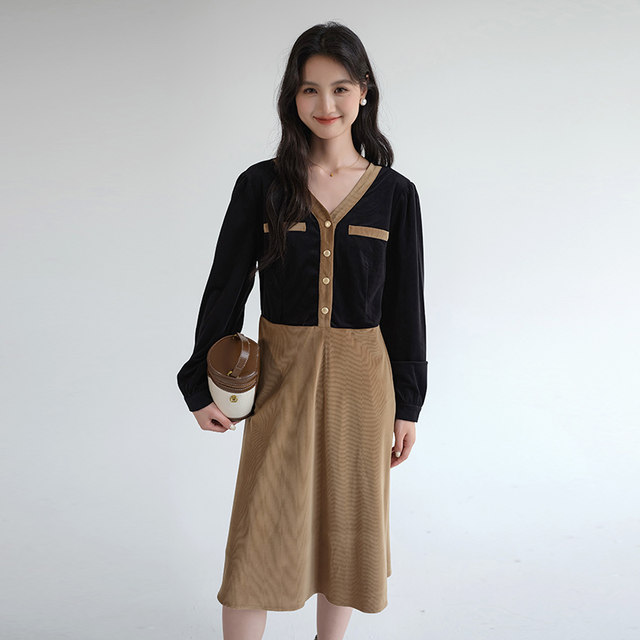 Lan Ruoshui plus size women's fat MM2025 autumn new style small fragrant V-neck fake two-piece corduroy a-line dress
