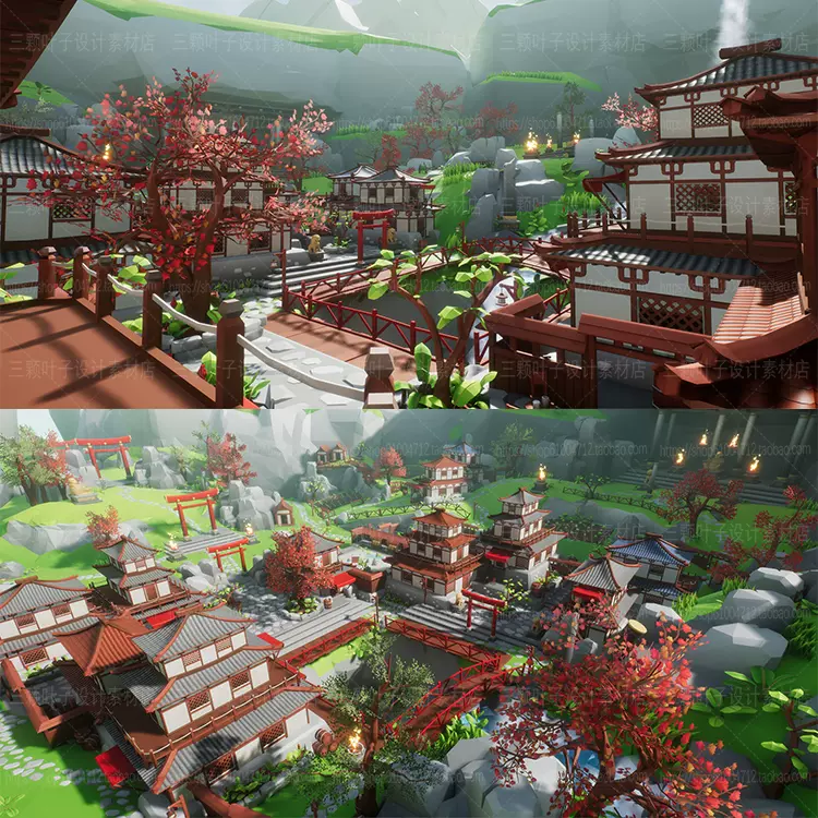 Ue4日本寺庙3d资源lowpoly卡通山水庭院樱花和风场景cg素材32