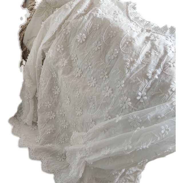 Fresh full body three-dimensional flower embroidered trumpet sleeve long sleeve stand collar white lace base shirt ladies top
