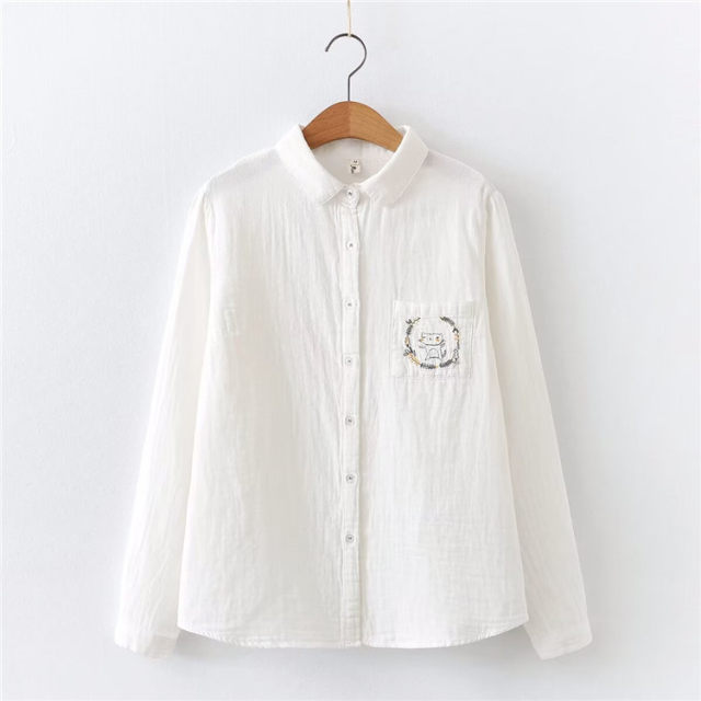 Small fresh cartoon cat embroidered double-layer cotton gauze long-sleeved white shirt for women in spring and autumn new loose casual shirt top