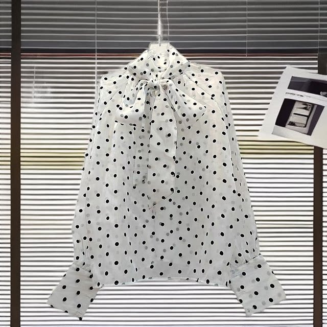Women's bow tie shirt temperament long sleeve top polka dot dot shirt white occupation chiffon black white