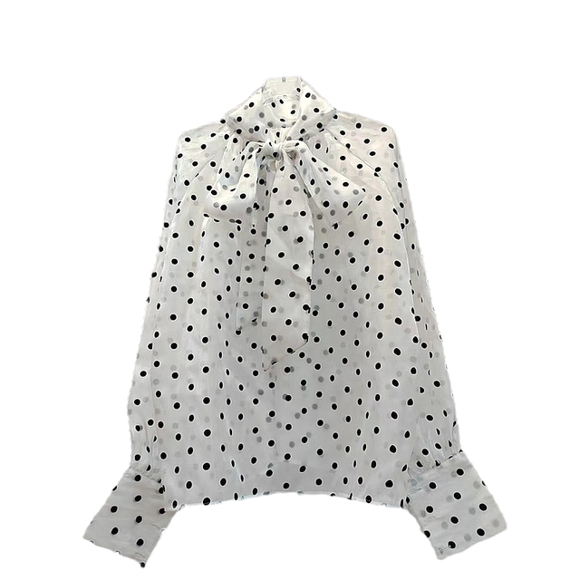 Women's bow tie shirt temperament long sleeve top polka dot dot shirt white occupation chiffon black white