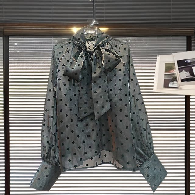 Women's bow tie shirt temperament long sleeve top polka dot dot shirt white occupation chiffon black white