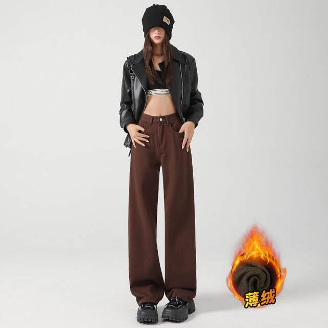 La Chapelle Puella 2024 autumn and winter new red straight jeans plus velvet warm loose pants for women