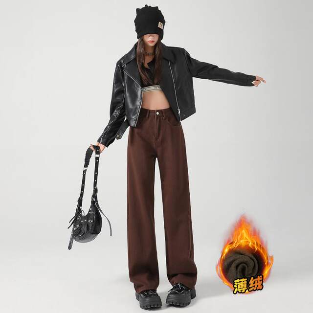 La Chapelle Puella 2024 autumn and winter new red straight jeans plus velvet warm loose pants for women