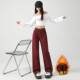 La Chapelle Puella 2024 autumn and winter new red straight jeans plus velvet warm loose pants for women