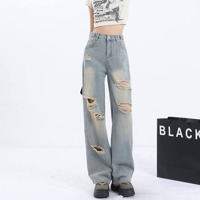 La Chapelle Puella high waist wide-leg jeans for women 2025 new loose slimming ripped straight-leg pants
