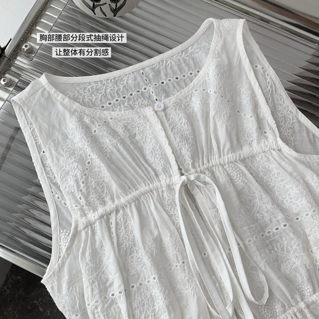 Madou/embroidery Hyde Manor_Elegant Boat Collar Heavy Industry Drawstring Embroidered Vest Lace Top for Women