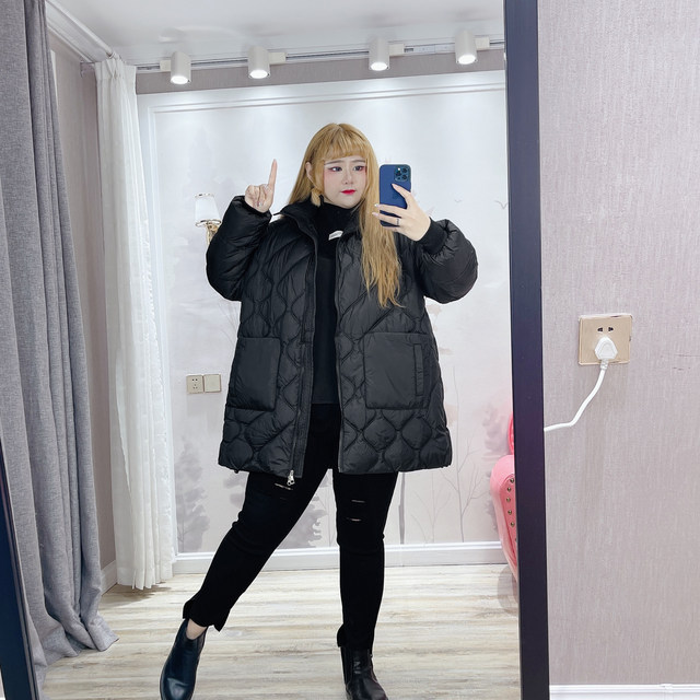 Fat fairy Yingying large size women's clothing fat mm simple loose meat-covering stand collar mid-length warm cotton jacket