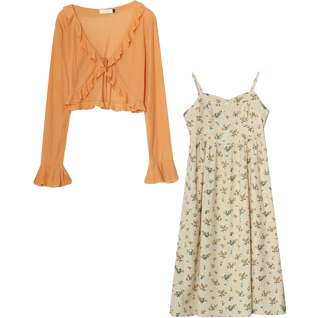 Fat fairy Yingying large size women's clothing fat mm spring and summer flesh-covering temperament cardigan tea break floral suspender dress set
