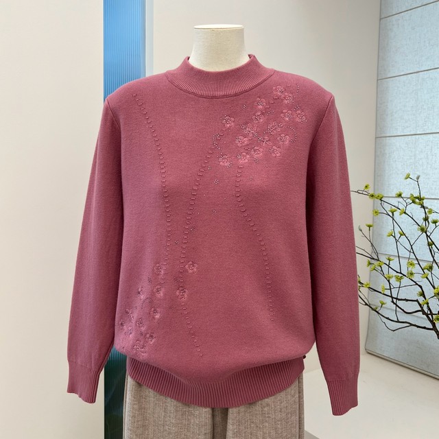 Winter new style velvet thickened middle-aged and elderly mother's sweater half turtleneck loose solid color embroidered grandma top for women