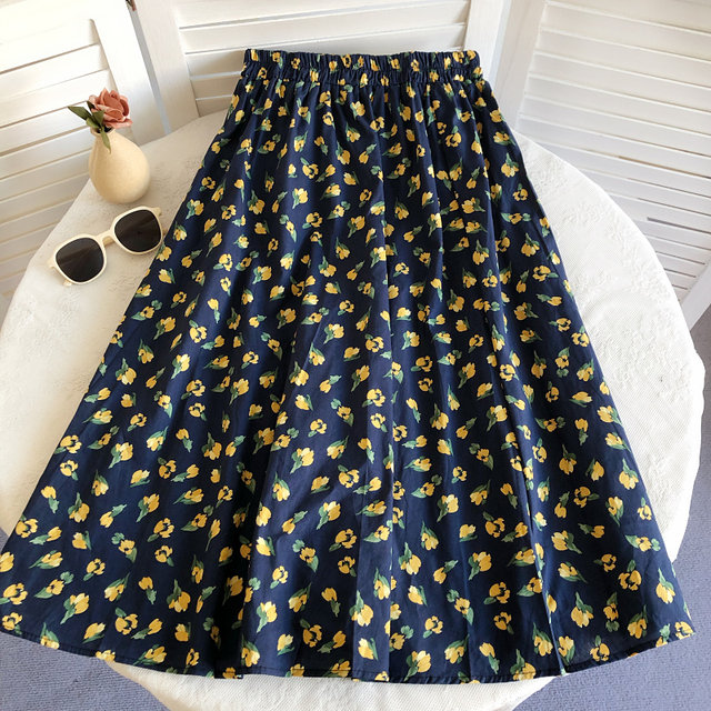 2022 Summer Korean New Style Sweet and Versatile Flower Print High Waist Swing A-Line Skirt Mid-Length Skirt for Women