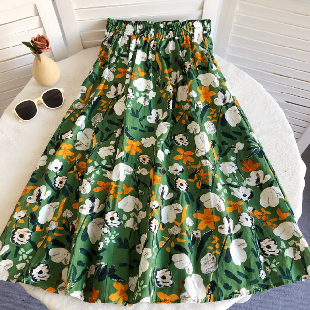 2022 Summer Korean New Style Sweet and Versatile Flower Print High Waist Swing A-Line Skirt Mid-Length Skirt for Women