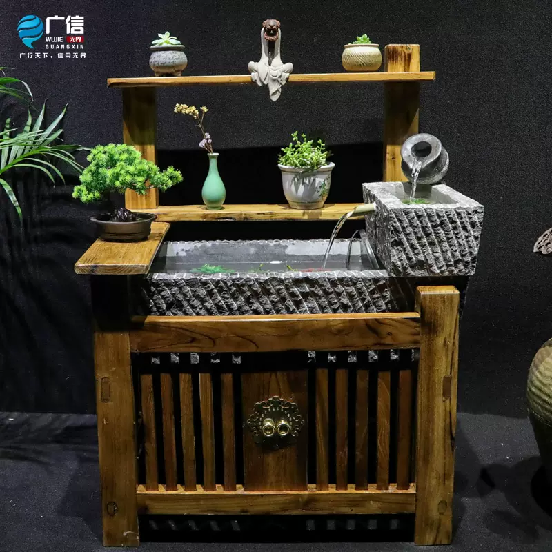 石槽鱼缸木架石头水槽养鱼花盆室内阳台客厅景观石