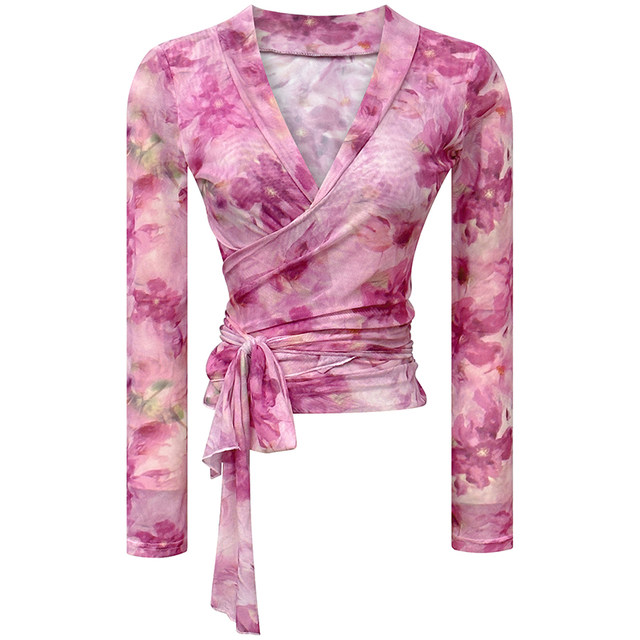 Pink and purple printed top for women in summer new fashion style feminine versatile mesh V-neck strap shirt for women