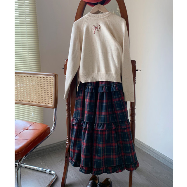 Multiple pieces and folds ~ French spliced ​​skirt cake skirt sweet retro high waist mid-length skirt versatile autumn and winter new