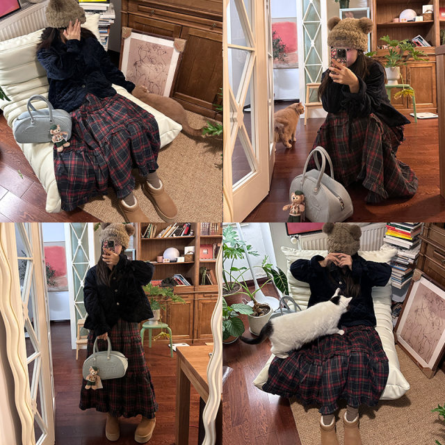 Multiple pieces and folds ~ French spliced ​​skirt cake skirt sweet retro high waist mid-length skirt versatile autumn and winter new