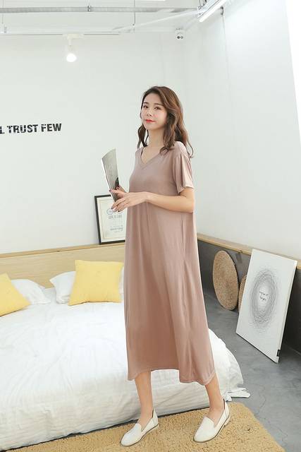 Summer large size Modal short -sleeved dress female new V -neck base pregnant women skirt loose casual long skirt