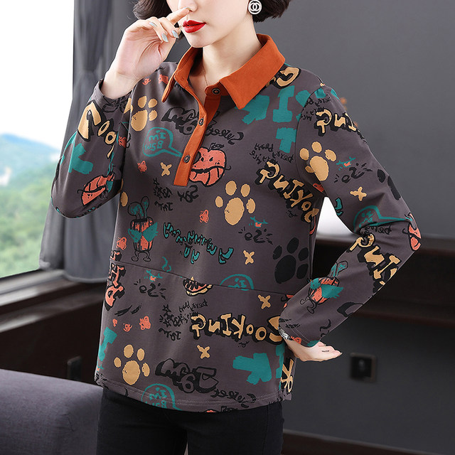 2025 spring and autumn new pure cotton long-sleeved T-shirt for women, middle-aged and elderly mothers polo shirt fashionable top base shirt