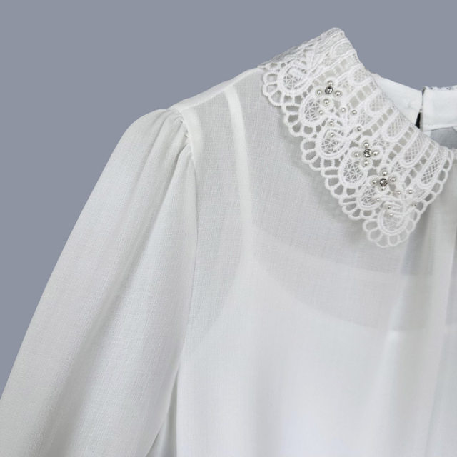 Lap series genuine beautiful beaded lace doll collar 7-quarter sleeve chiffon shirt two-piece set spring and summer 20015326
