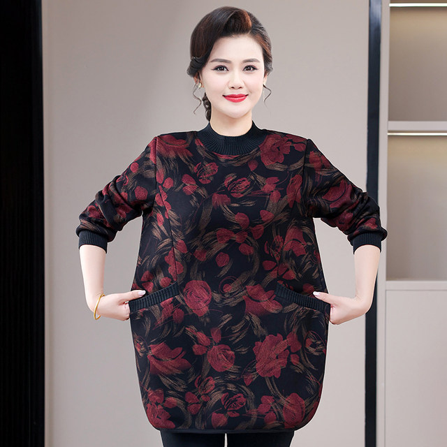 
Fat Mom Sweater Autumn and Winter Plus Velvet Long Sleeve Middle-aged and Old Women Plus Size Large Size Bottoming Shirt Middle-aged Warm Thick Top