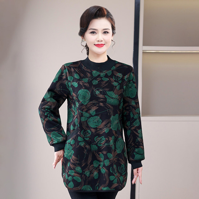 
Fat Mom Sweater Autumn and Winter Plus Velvet Long Sleeve Middle-aged and Old Women Plus Size Large Size Bottoming Shirt Middle-aged Warm Thick Top