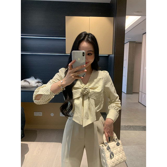 XINYI Spring Bow Striped Shirt Women's Slim and Versatile Shirt X625C00879
