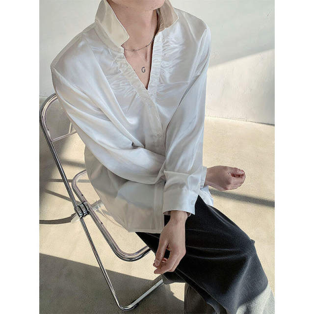 Retro gloss asymmetrical design acetic acid v-neck shirt blouse 2023 new main image 1