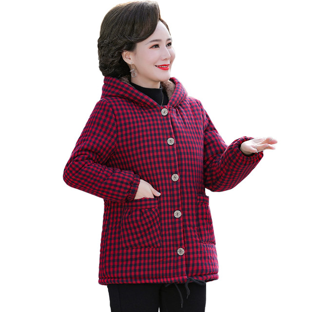 Winter clothing plus velvet and thick plaid cotton jacket for women, quilted hooded cotton coat, middle-aged and elderly mother's casual warm cotton coat