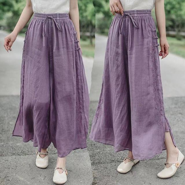 High-end embroidered pure large size women's summer thin style high waist big swing nine-point slim white casual double-layer wide-leg skirt pants